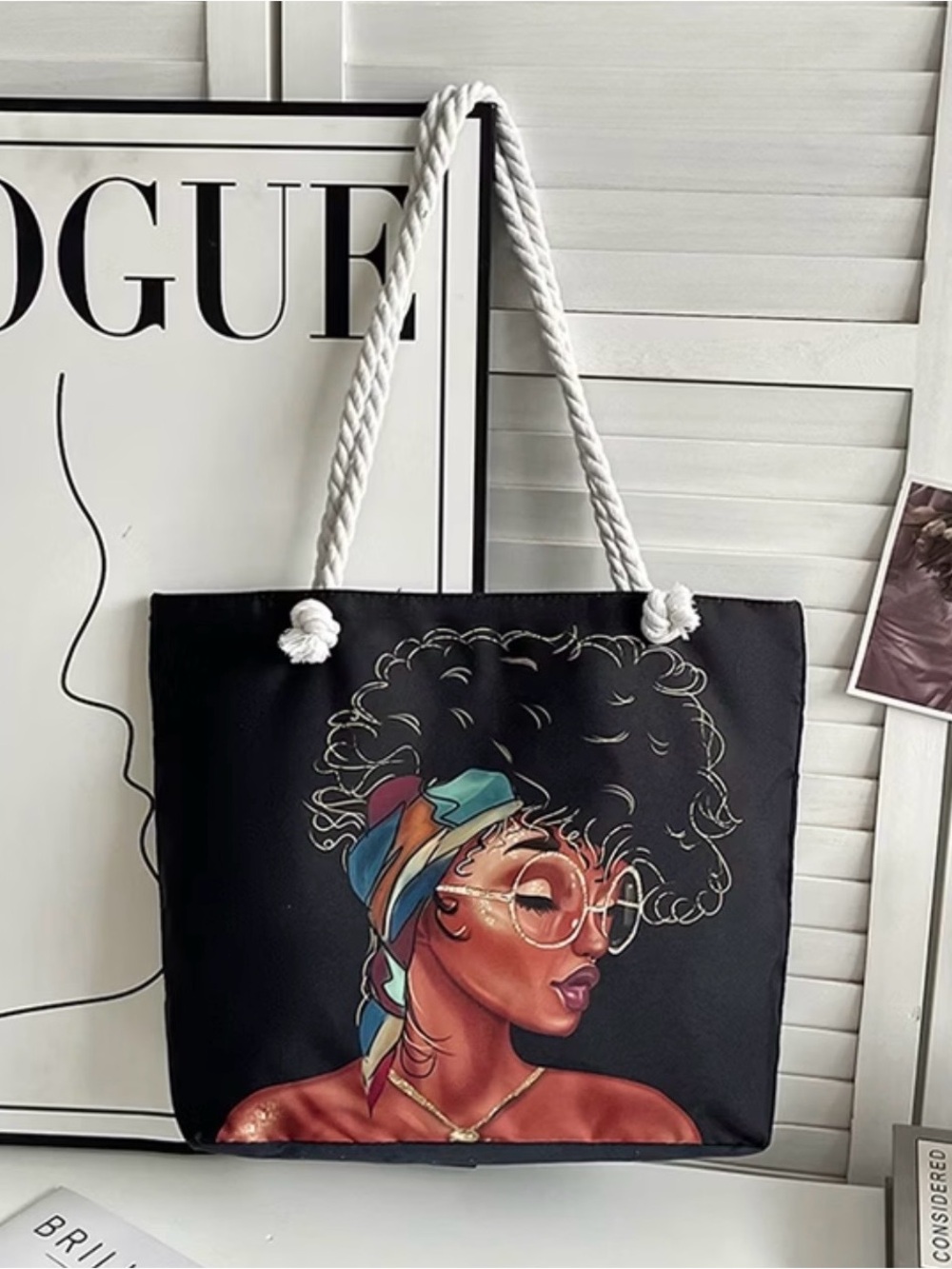Black Tote Bag with Artistic Portrait Print and White Rope Handles